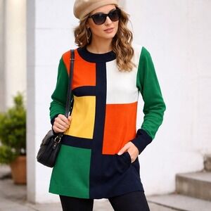 Colorblock Geometric Sweater Womens M Tunic Mod Mondrain Style‎ Abstract Retro